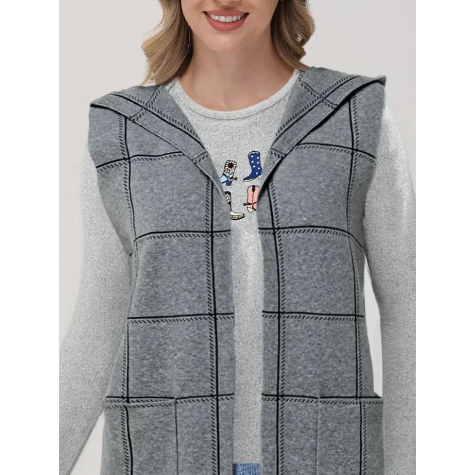 89th & Madison Plaid Open Sleeveless Vest Hooded Cardigan Sweater Medium Nwt — image 2 of 8